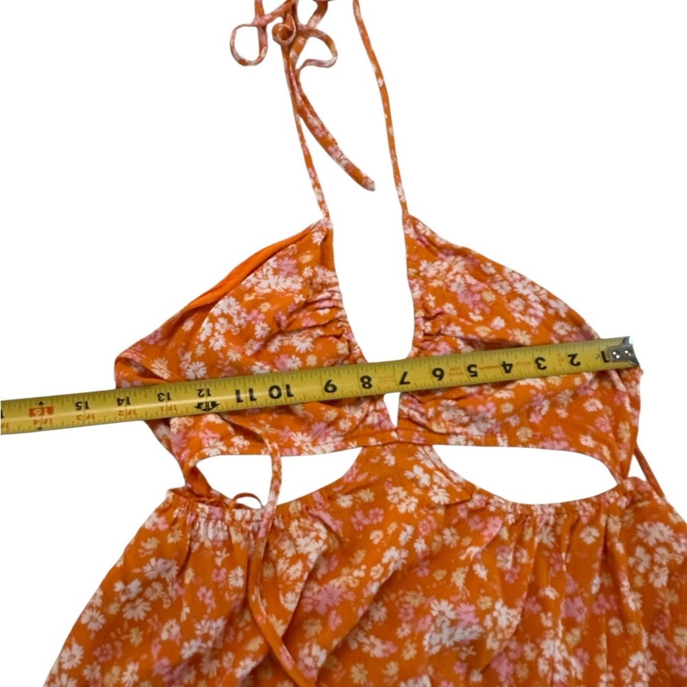 Sky To Moon Floral Cut Out Tie Back Orange Mini Dress Size L - Picture 10 of 17